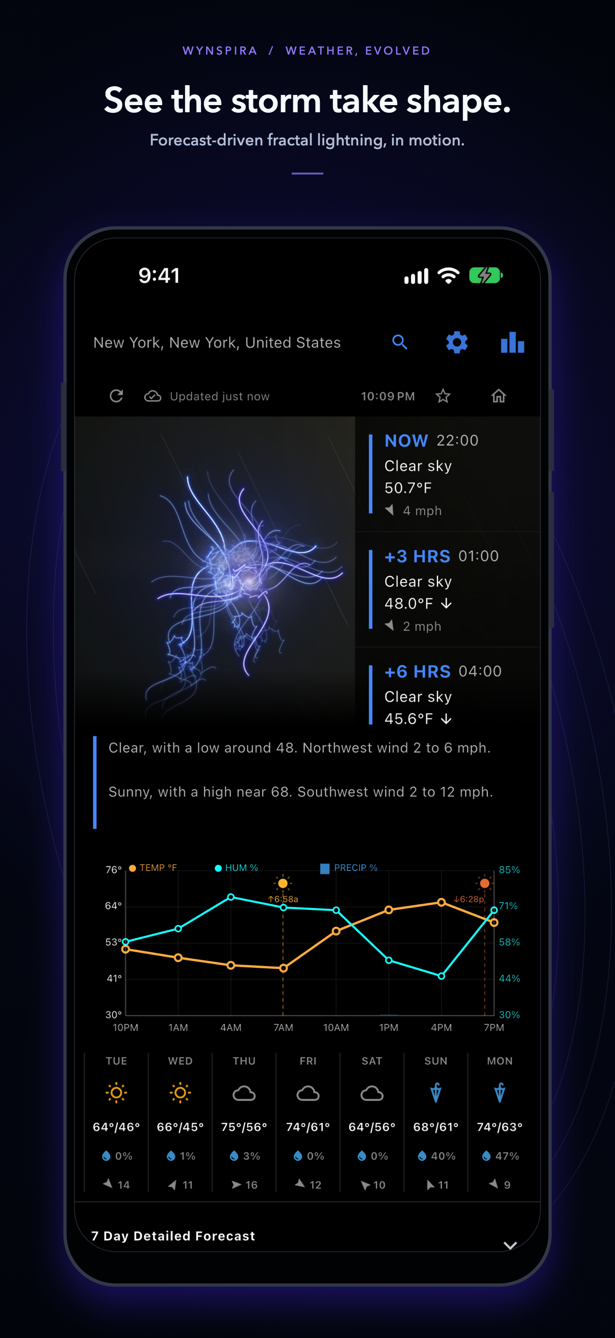 Wynspira's forecast-driven fractal lightning visualization