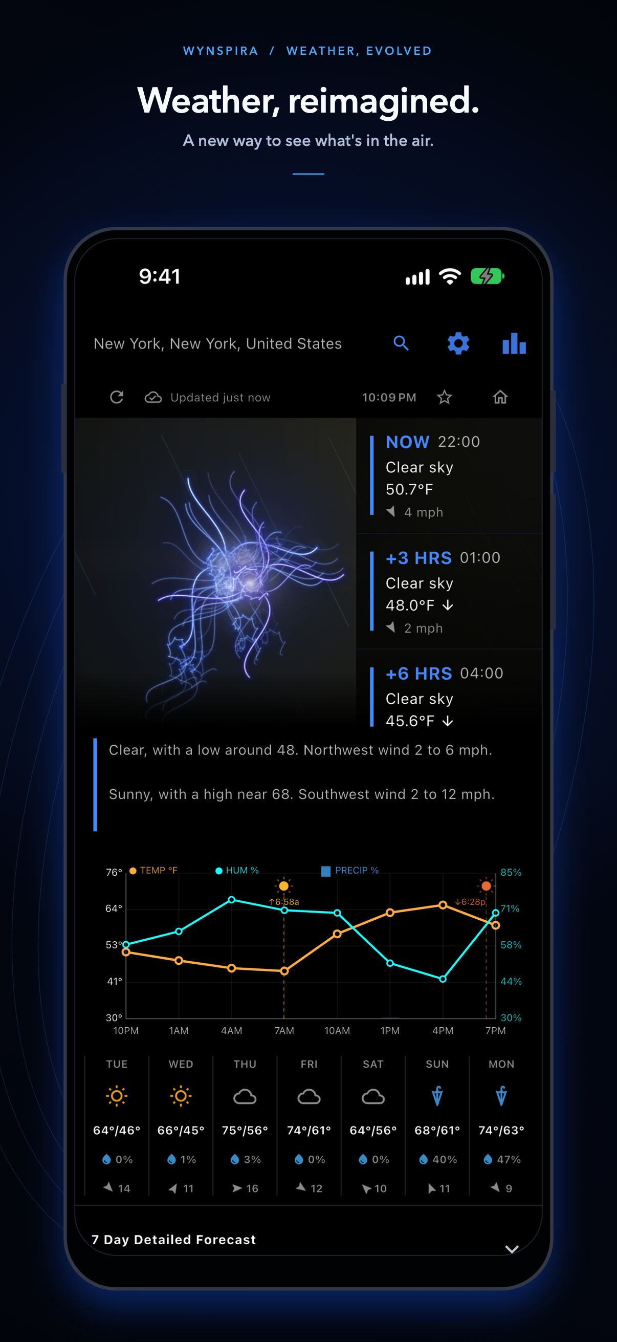 Wynspira weather screen showing animated fractal lightning with current conditions and forecast details